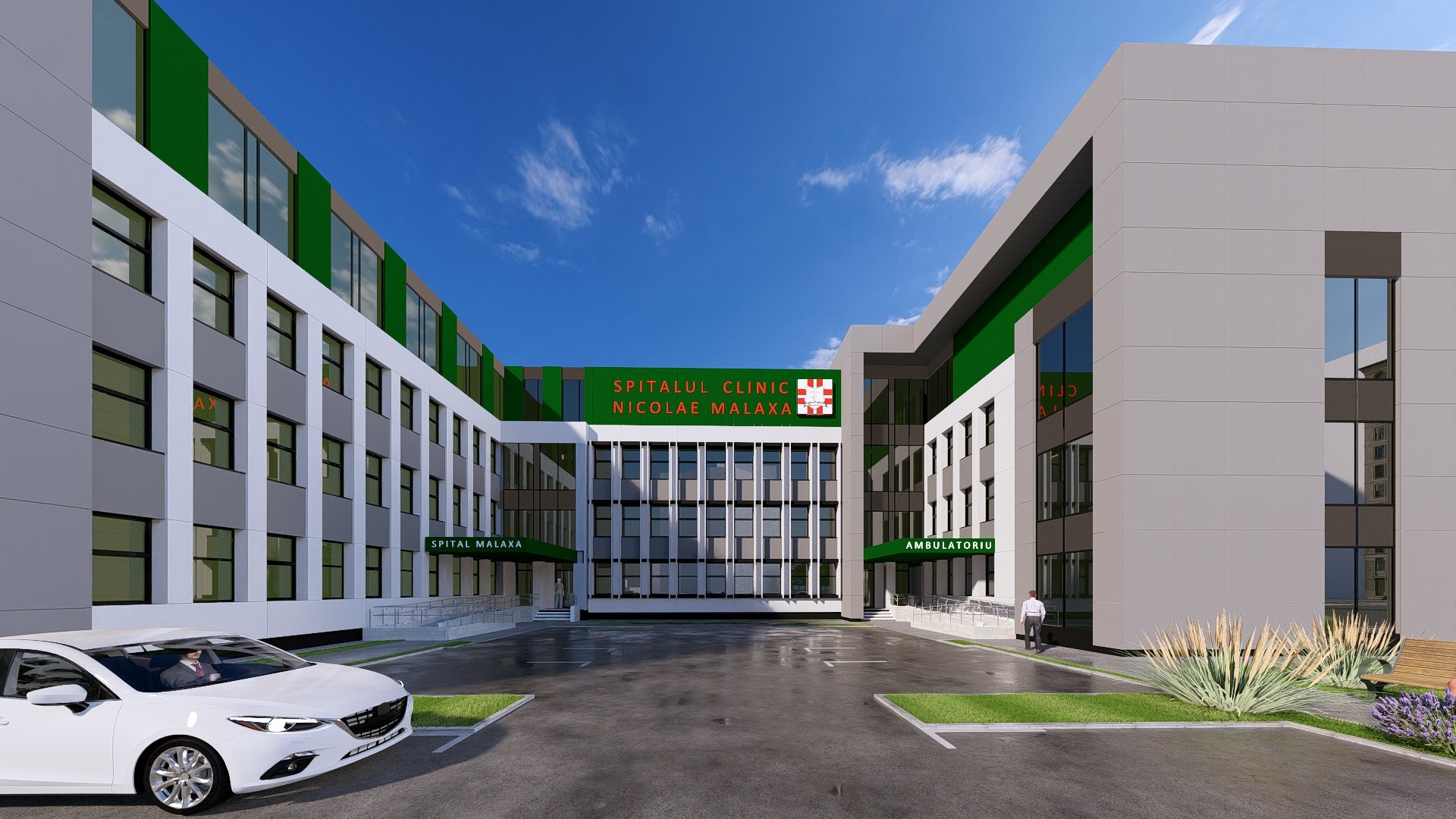 Curtea interioară Spitalul Clinic Nicolae Malaxa Pantelimon cu intrările separate Spital și Ambulatoriu, sigla spitalului pe corpul de legătură, randare 3D proiect PPAE