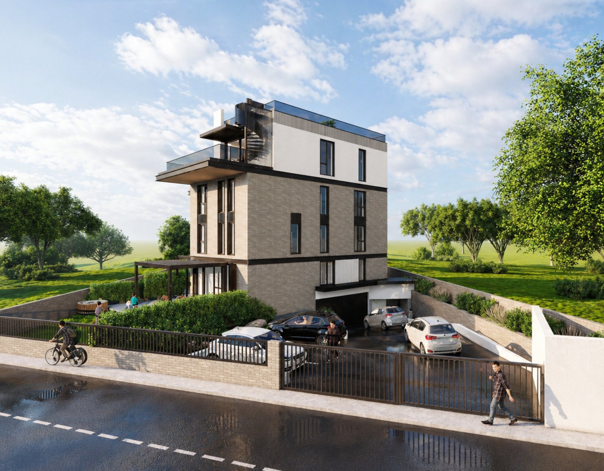 Fațadă cu cărămidă aparentă și tencuieli decorative, apartamente duplex Potcoavei Voluntari, proiect PPAE